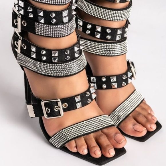 Xena Spiked & Studded: Black Suede Gladiator Stiletto Sandal  6 - Picture 5 of 5